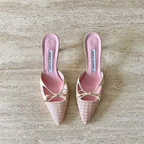 Vintage Manolo Blahnik Houndstooth Bow Mule Kitten Heels - Picture 1 of 9